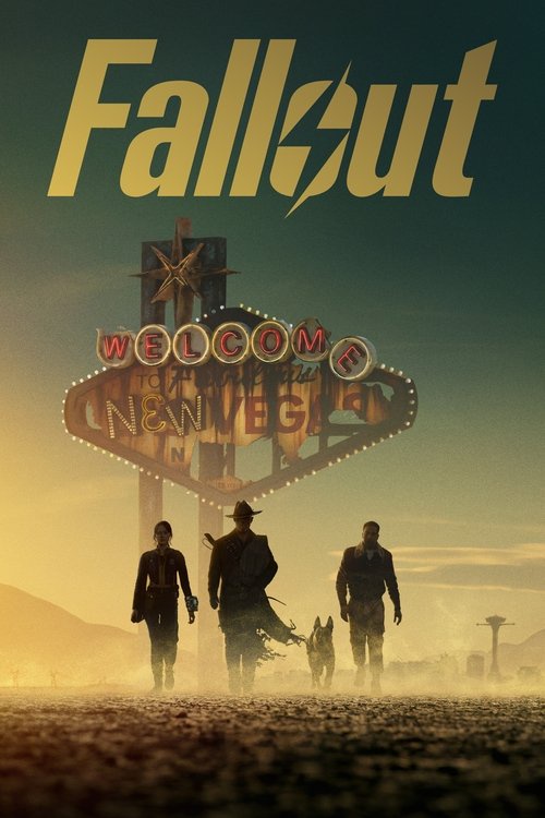 Alt text: Promotional poster for the video game "Fallout" featuring three characters and a dog walking towards the viewer on a dusty road with a large, weathered "Welcome to New Vegas" sign in the background under a dusky sky. The word "Fallout" is prominently displayed at the top in bold yellow letters with a lightning bolt through the "o".