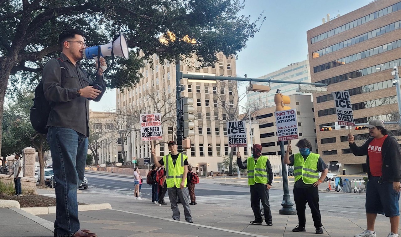 Austin, Texas protest on the one-month anniversary of the killing of Renee Good.
