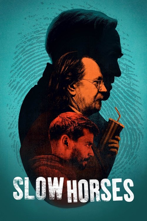 Promotional poster for the TV series "Slow Horses" featuring stylized illustrations of two male characters, one with long hair and glasses, and the other with short hair, set against a textured teal background. The title "SLOW HORSES" is displayed at the bottom in bold, distressed white letters. Promotional poster for the TV series "Slow Horses" featuring stylized illustrations of two male characters, one with long hair and glasses, and the other with short hair, set against a textured teal background. The title "SLOW HORSES" is displayed at the bottom in bold, distressed white letters.