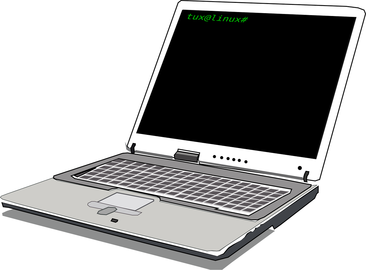An illustration of a silver laptop with a black screenshowing green text tux@Linux#