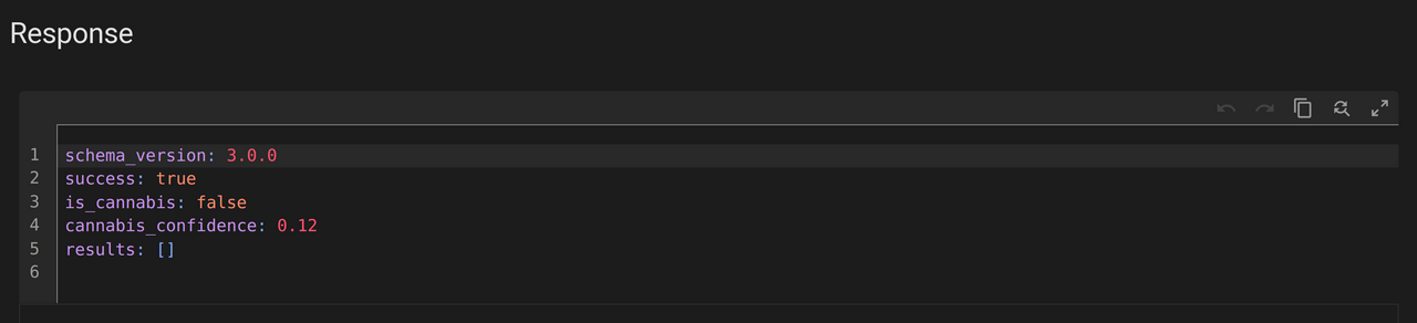 PlantLab returning is_cannabis false with an empty results list for a non-cannabis plant