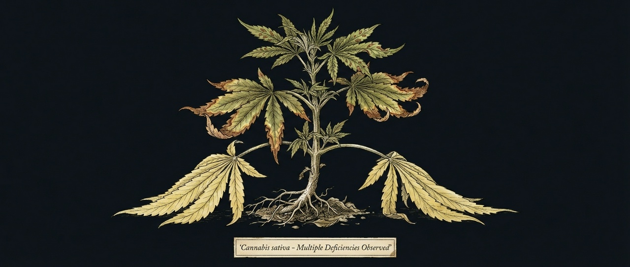 Cannabis plant showing multiple deficiency symptoms - yellow bottom leaves, brown edges, and spotted new growth