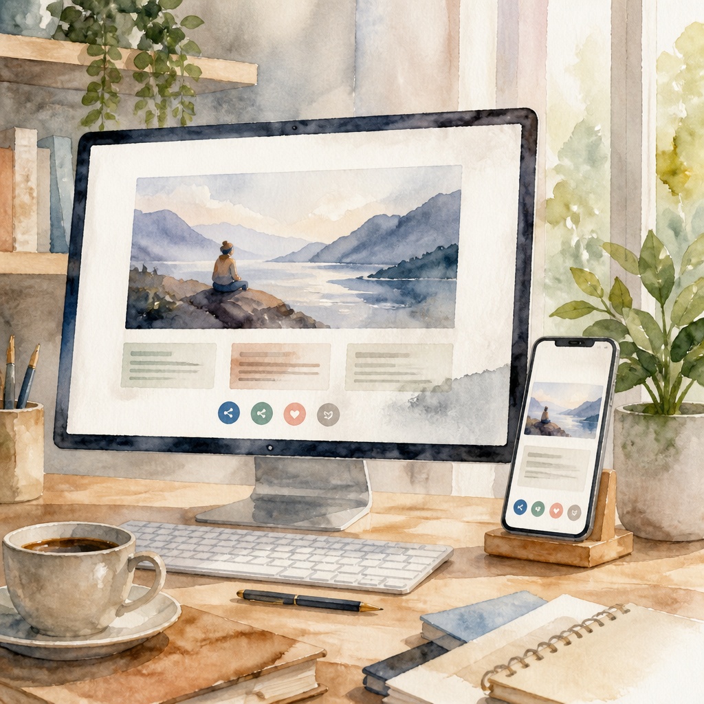 A watercolor-style image of a cozy workspace featuring a desktop computer and a smartphone displaying the same webpage. The webpage shows a serene landscape with a person sitting on a rock overlooking a lake surrounded by mountains under a cloudy sky. Below the image on both screens are three blocks of text in muted colors and four circular social media icons in blue, green, red, and gray. The desk holds a white keyboard, a black and gold pen, a cup of coffee on a saucer, two closed books stacked, and a spiral notebook. To the right, a potted green plant sits near a window with soft natural light filtering through. In the background, a wooden shelf with books and a hanging plant is visible. The overall color palette is soft and earthy with warm browns, greens, and blues.