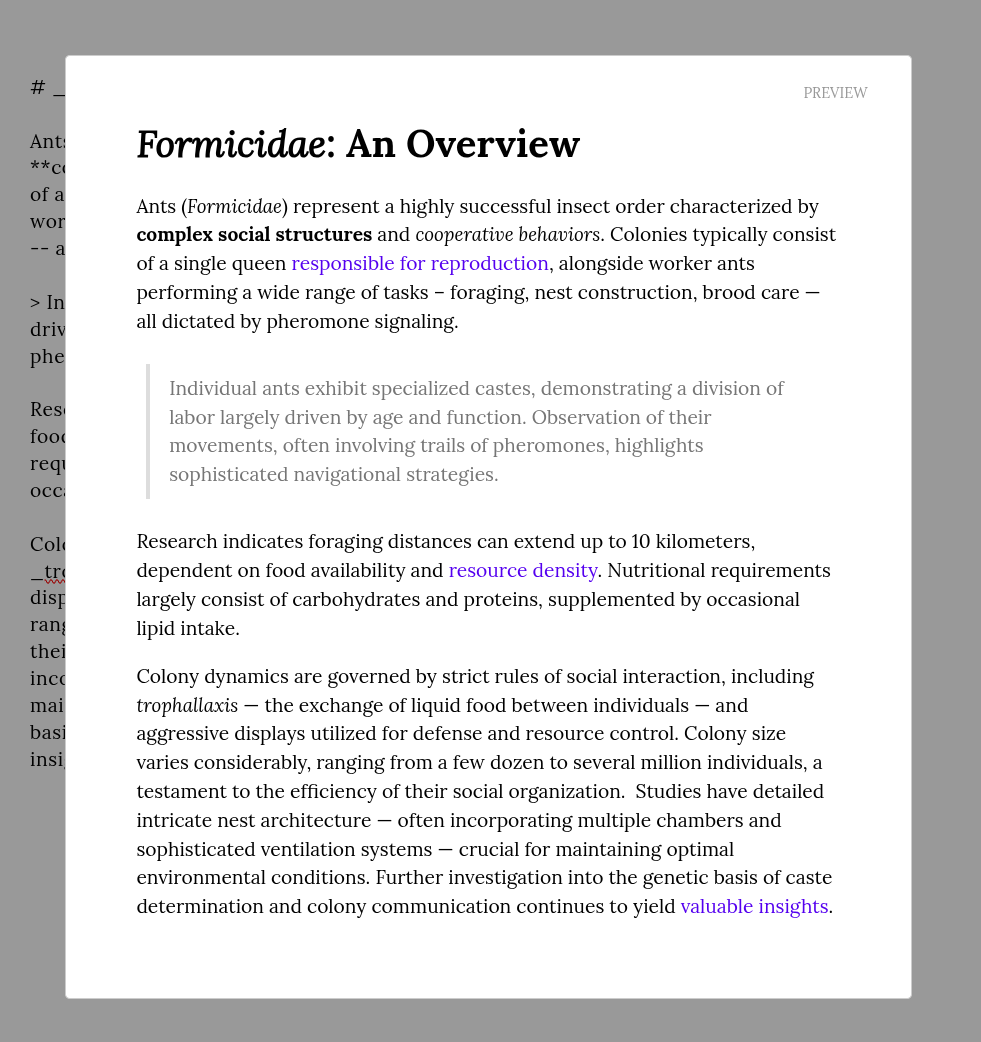 Screenshot of the plain text editor, with a modal window in front of the text showing a preview of the rendered Markdown.