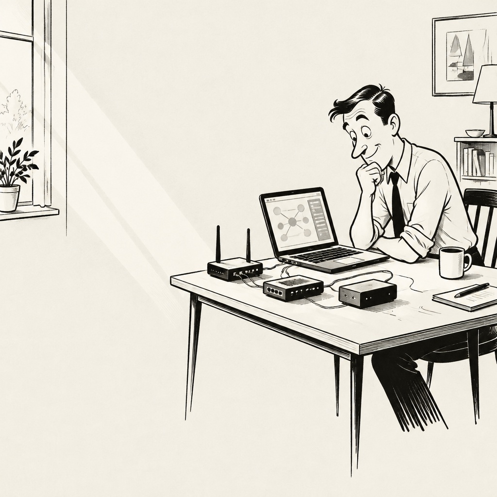 Black-and-white line illustration of a man seated at a table in a bright home office. Wearing a collared shirt and dark tie, he leans forward with his chin resting on one hand and studies an open laptop. Its screen shows a central node connected by lines to several surrounding circles, alongside a small sidebar with indistinct markings. Three small electronic network devices sit on the table, including a router with two upright antennas; cables connect them to one another and the laptop. A mug, pen, and papers are nearby. Sunlight streams through a window on the left, where a potted plant sits on the sill. In the background are a framed picture of sailboats, a lamp, a bookshelf, and a chair. No legible text is visible.
