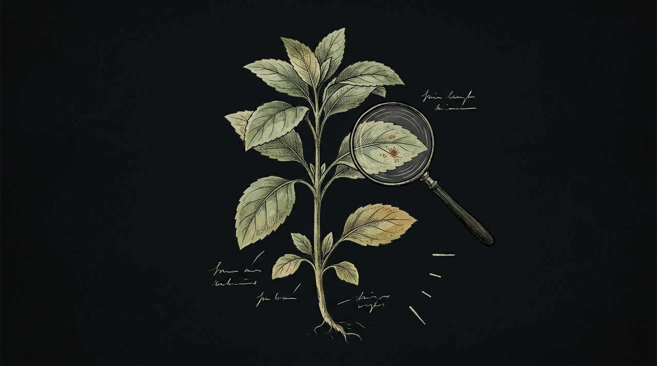 A botanical-plate illustration on a near-black ground: a plant specimen examined under a magnifying glass, an early blemish visible on one leaf