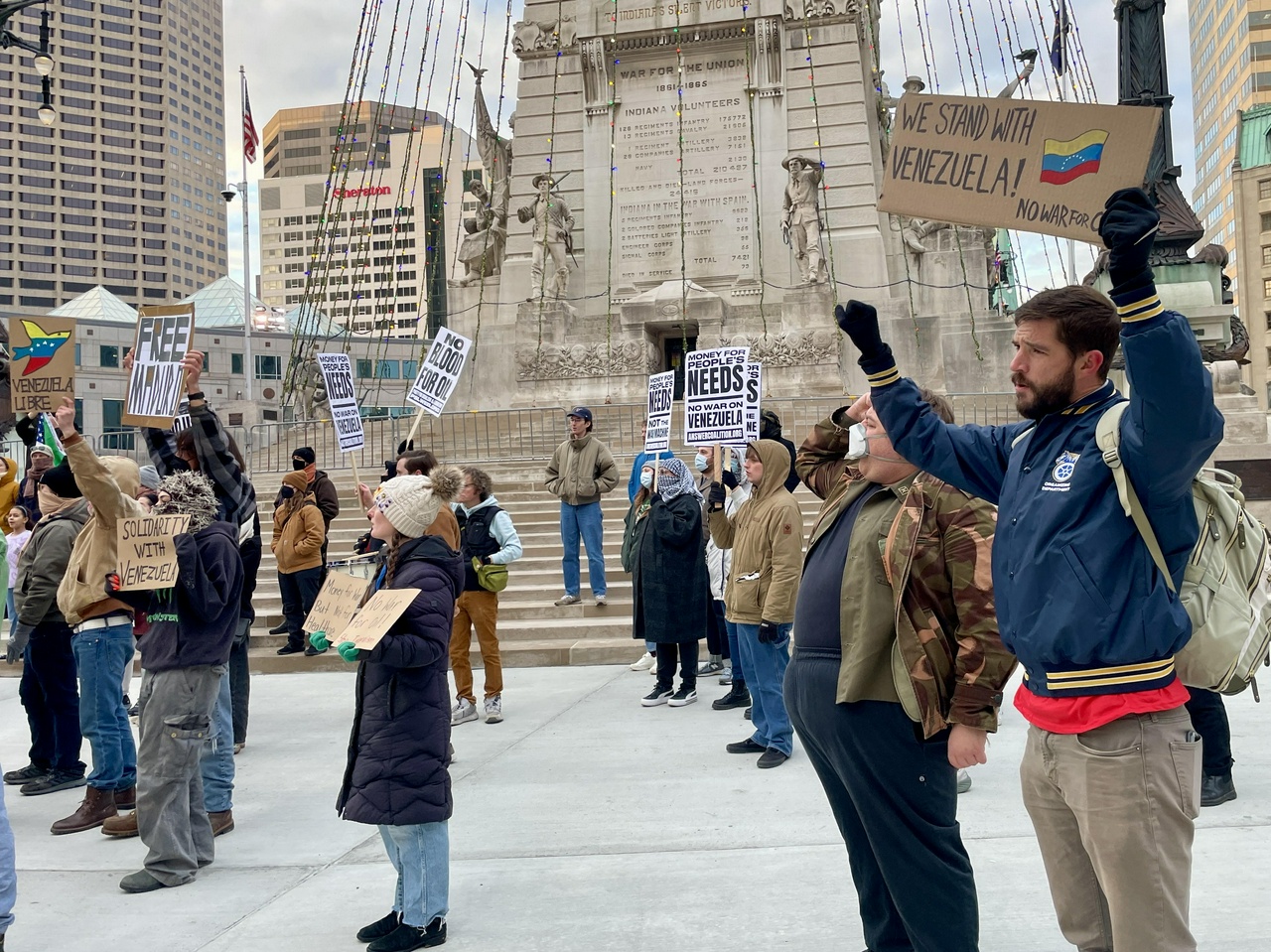 Indianapolis protesters rally against U.S. war on Venezuela.