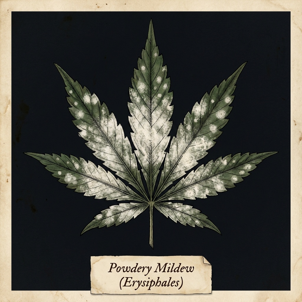 Powdery mildew on cannabis leaf - white fungal coating at early and advanced stages