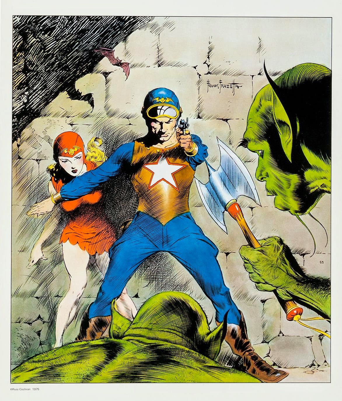 Buck Rogers as drawn by Frank Frazetta, 1953. Buck Rogers in a blue flight suit with a star on the chest defends a blonde woman (presumably Wilma Deering) from some kind of green aliens.