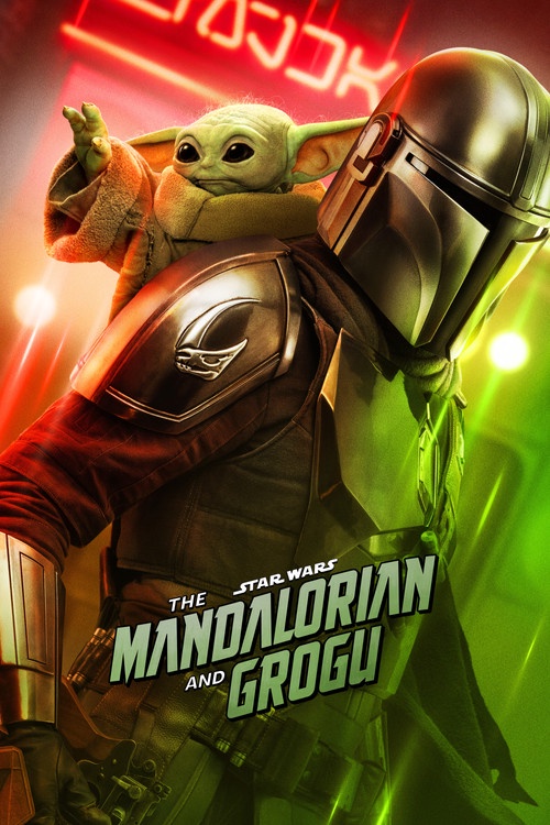 A promotional image featuring two characters from the Star Wars series "The Mandalorian." In the foreground is the Mandalorian, a figure clad in shiny, reflective silver armor with a helmet covering his entire face, showing no facial features. His armor includes a shoulder plate with a distinctive emblem resembling a bird or creature. He is looking slightly to the right. On his back is Grogu, a small green alien with large ears, big black eyes, and three fingers on each hand. Grogu is wearing a brown robe with a high collar and is reaching out with his left hand. The background is a mix of red and green neon lights with blurred shapes, creating a futuristic, vibrant atmosphere. The text "THE STAR WARS MANDALORIAN AND GROGU" is prominently displayed in bold, stylized letters across the lower center of the image. A promotional image featuring two characters from the Star Wars series "The Mandalorian." In the foreground is the Mandalorian, a figure clad in shiny, reflective silver armor with a helmet covering his entire face, showing no facial features. His armor includes a shoulder plate with a distinctive emblem resembling a bird or creature. He is looking slightly to the right. On his back is Grogu, a small green alien with large ears, big black eyes, and three fingers on each hand. Grogu is wearing a brown robe with a high collar and is reaching out with his left hand. The background is a mix of red and green neon lights with blurred shapes, creating a futuristic, vibrant atmosphere. The text "THE STAR WARS MANDALORIAN AND GROGU" is prominently displayed in bold, stylized letters across the lower center of the image.