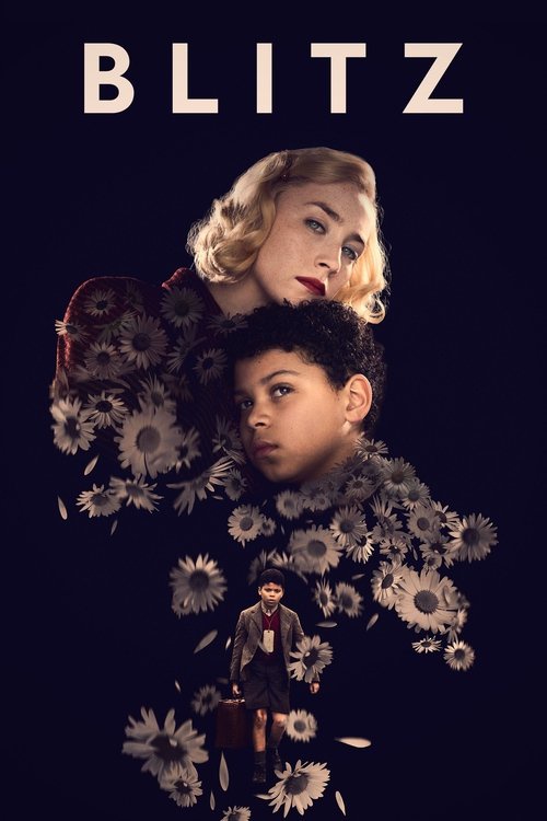 A dark navy movie-poster-style image with the large cream-colored title “BLITZ” across the top. Below, a blonde woman with curled hair and red lipstick leans close behind a young boy with short dark curly hair; both look toward the viewer with serious expressions. Their upper bodies merge into a dramatic trail of pale, daisy-like flowers and leaves that sweeps diagonally downward across the dark background. At the bottom center, a much smaller full-length boy in a dark coat and shorts stands facing forward, holding a small suitcase. No other text is visible.