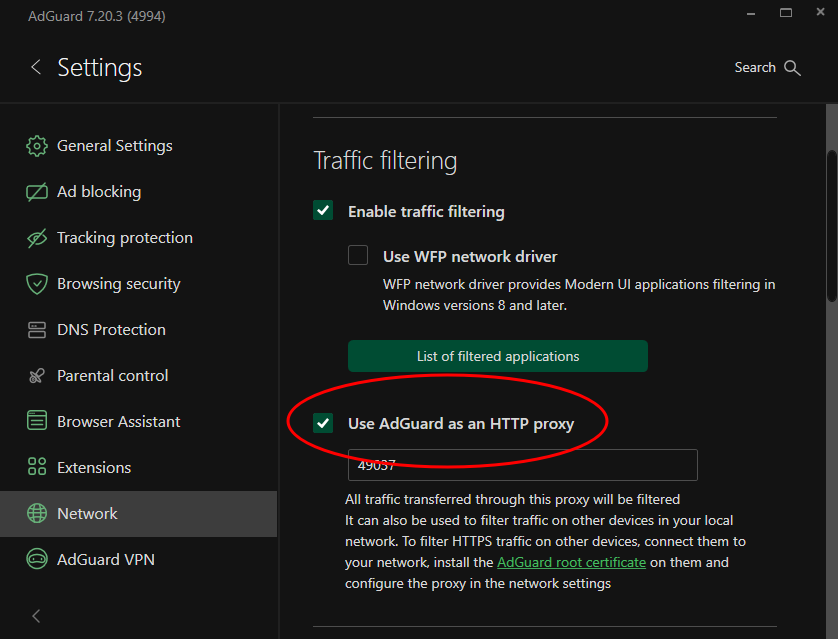 AdGuard HTTP proxy setting