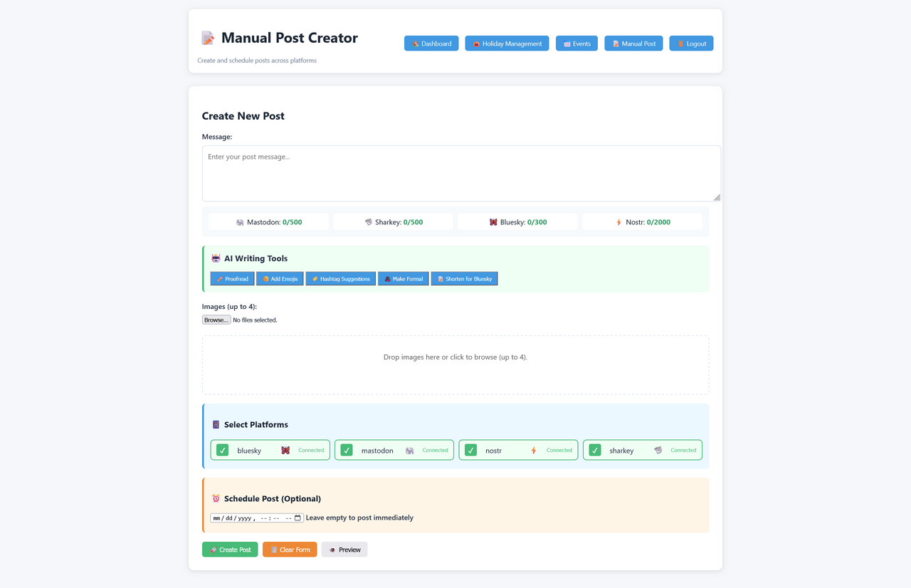 Screenshot of a "Manual Post Creator" interface for creating and scheduling posts across multiple platforms. The interface includes fields for entering a message, selecting social media platforms, and scheduling the post. It also features AI writing tools for proofreading, adding emojis, and suggesting hashtags. The design is clean with a light color scheme and clearly labeled sections.
