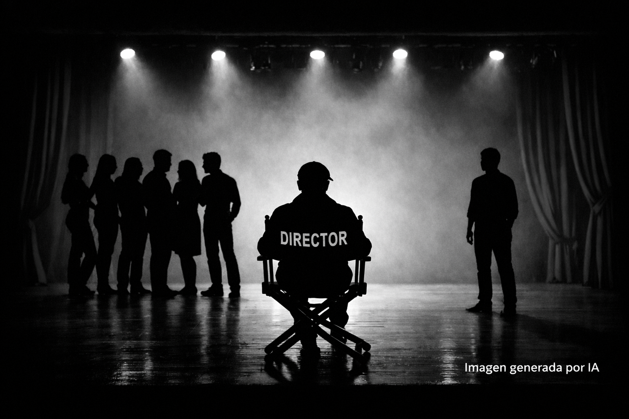Escena en penumbra: un director en primer plano observa a varios personajes sobre un escenario