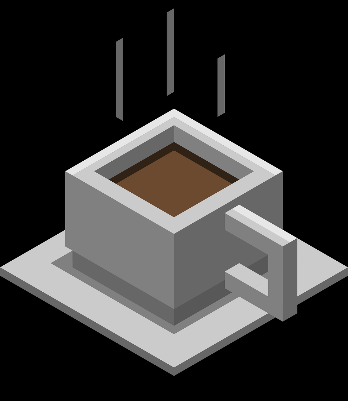 A voxel image of a coffee cup with a medium brown coffee inside. Steam lines rise above the coffee.