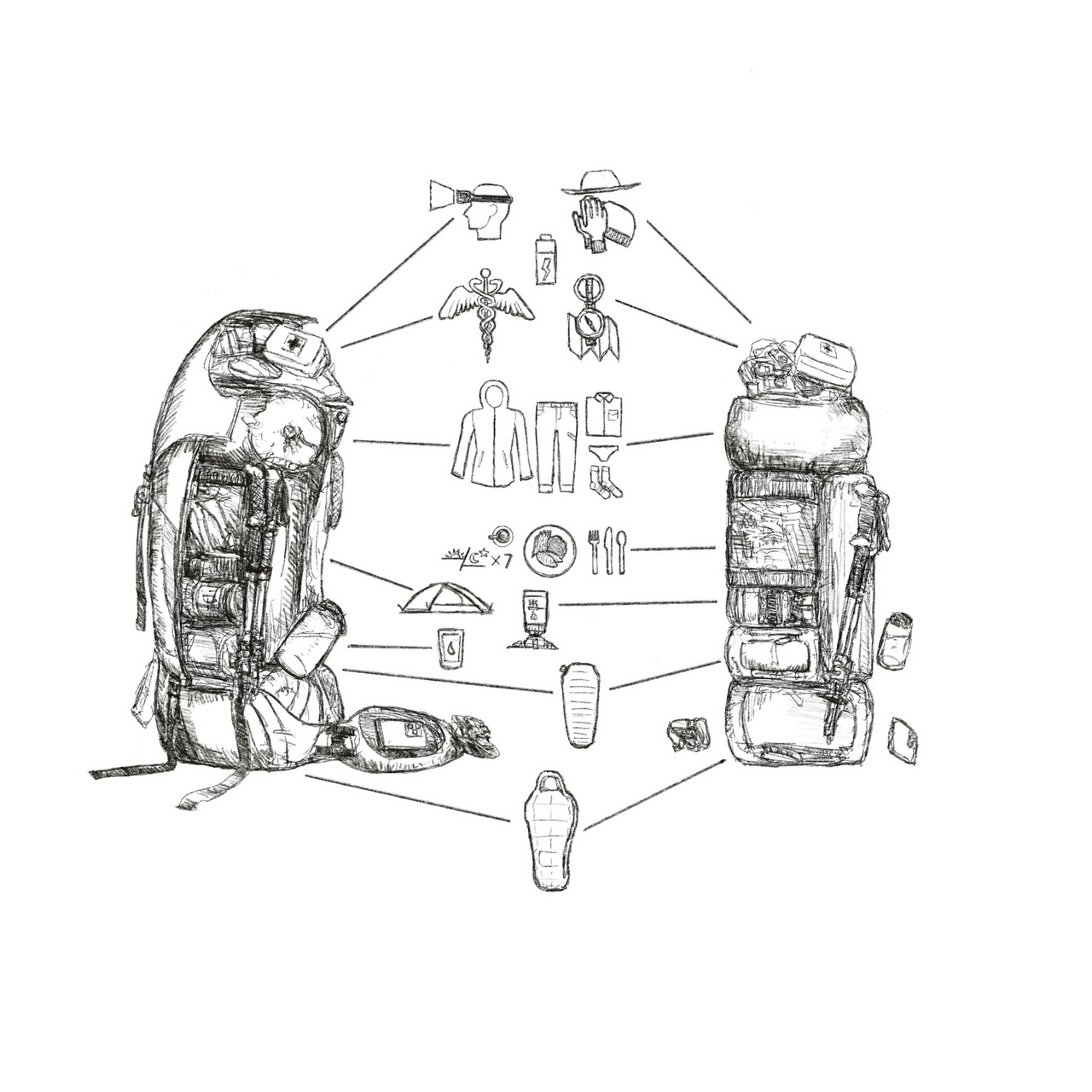cutaway of a backpack packed for a backcountry trip