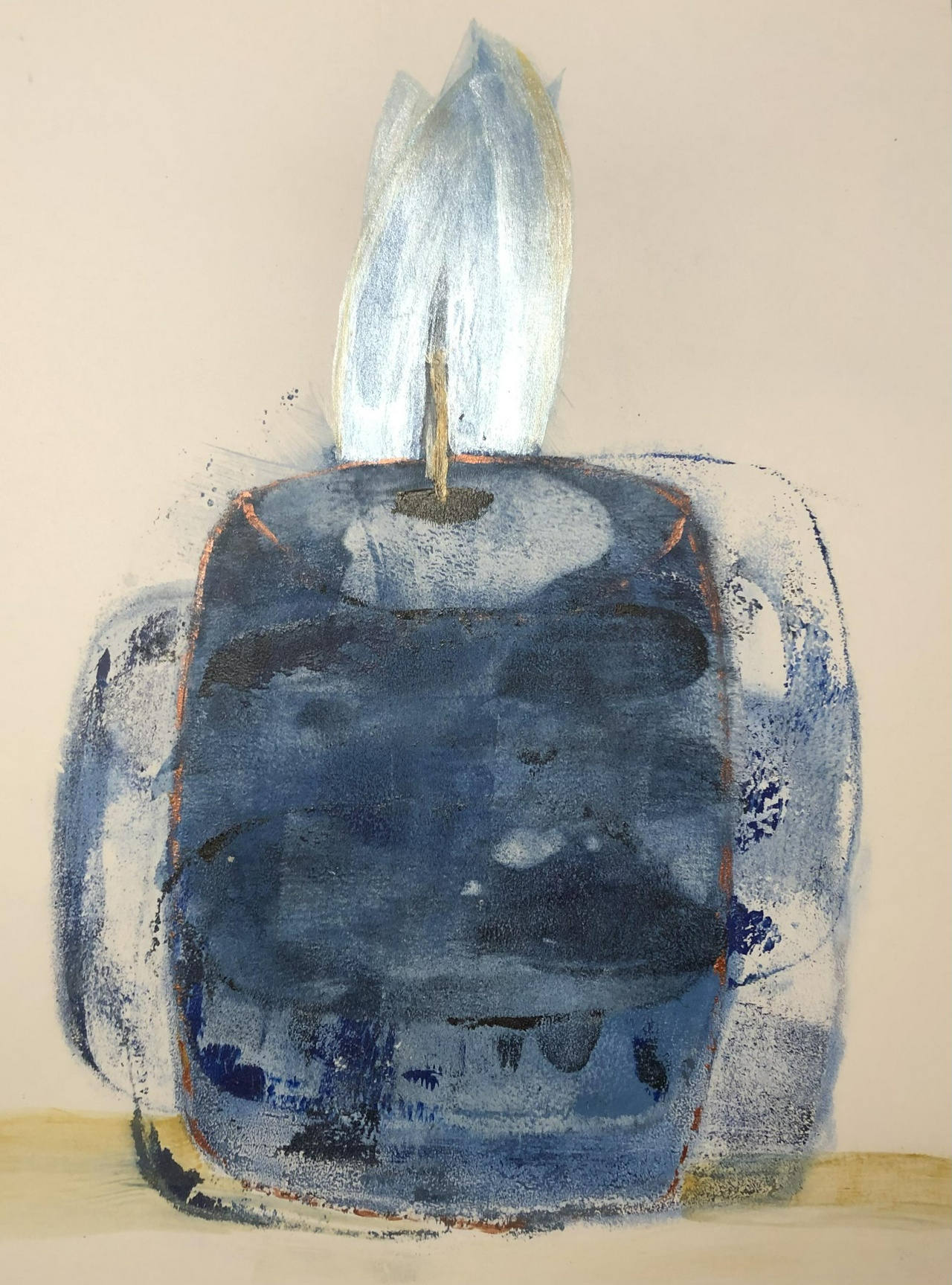 Vigil Candle. acrylic on paper - a blue candle, filled with textures and shades of blue, ranging from payne's gray to cobalt, with hints of grey and white and silver. it's outlined with copper. The candle body has vague echoes about it, as though it's a long exposure photo where the object has been moved. highlights of copper outline the picture, and the silverwhite flame burns brightly.