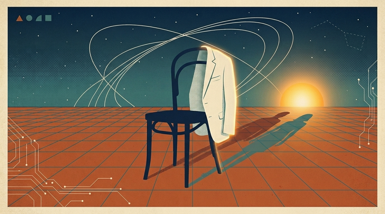 An abstract image of a white linen jacket on a chair, stretching to infinity