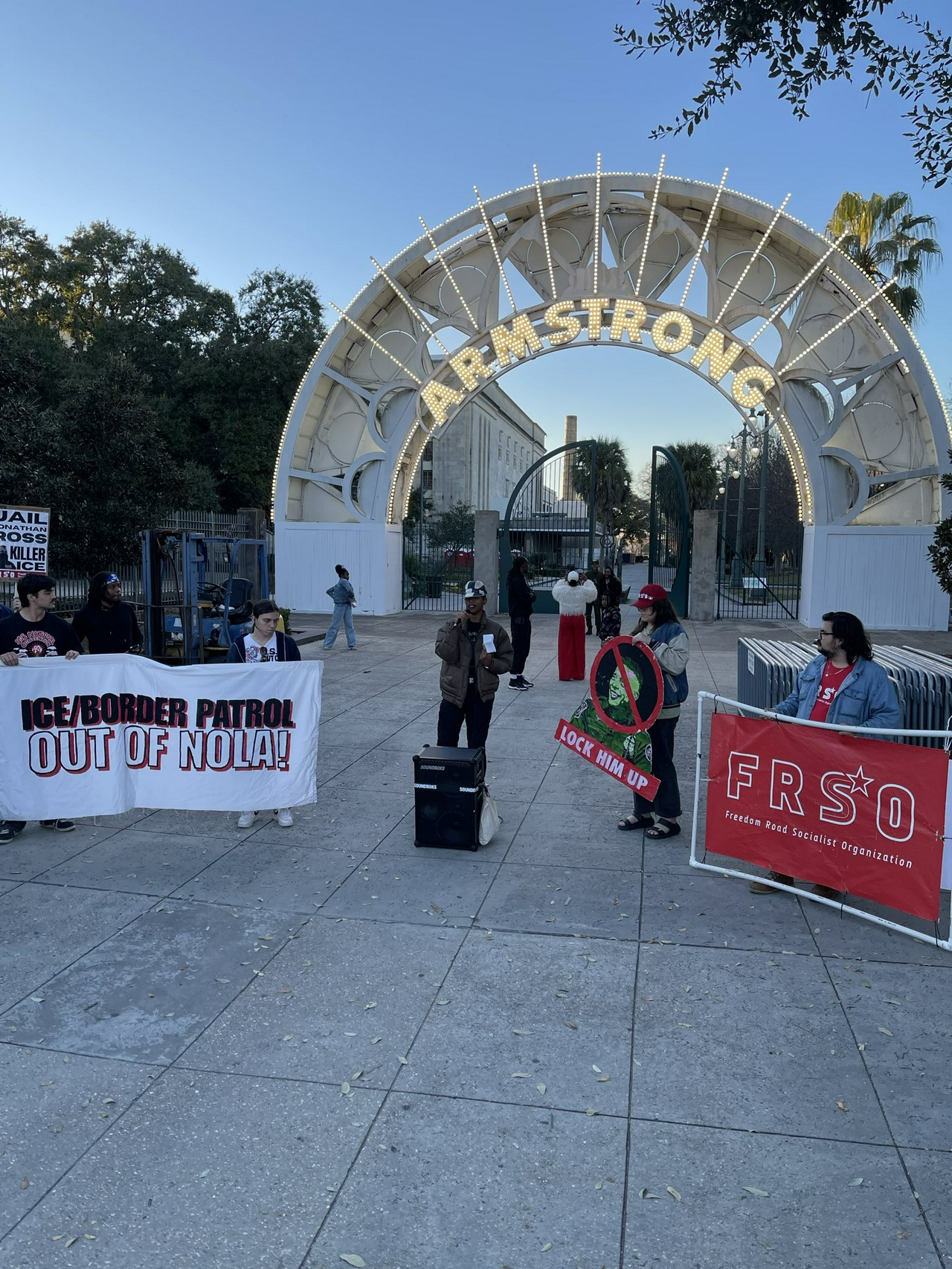 Protesters rally outside Armstrong Park in downtown New Orleans.