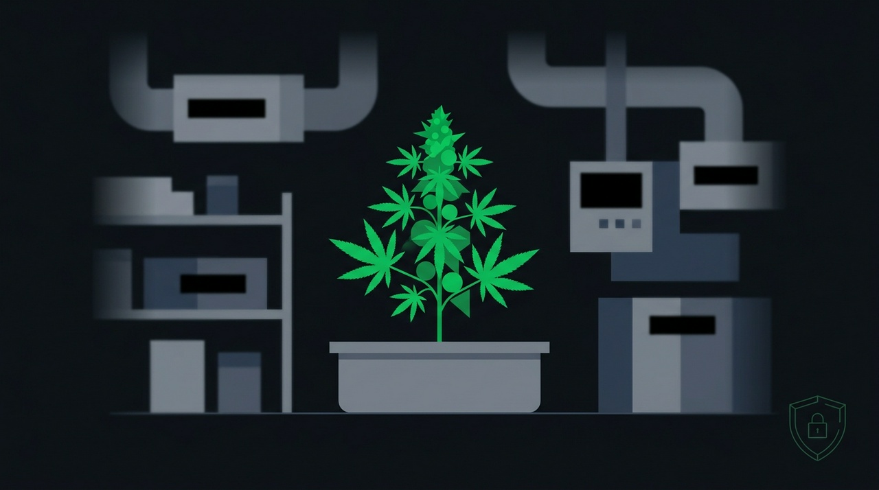 Healthy cannabis plant thriving inside a grow facility with the surrounding equipment anonymized for privacy