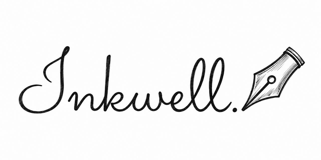 The image features the word "Inkwell" written in elegant, black cursive script on a white background. The text is smooth and flowing, with the first letter "I" having a distinctive loop at the top. To the right of the word, replacing the dot over the final "l," is a detailed black ink pen nib illustration. The nib is angled slightly upward and to the right, showing fine lines and shading that give it a hand-drawn, sketch-like appearance. The overall style of the image is clean and artistic, combining calligraphy with a classic fountain pen element.