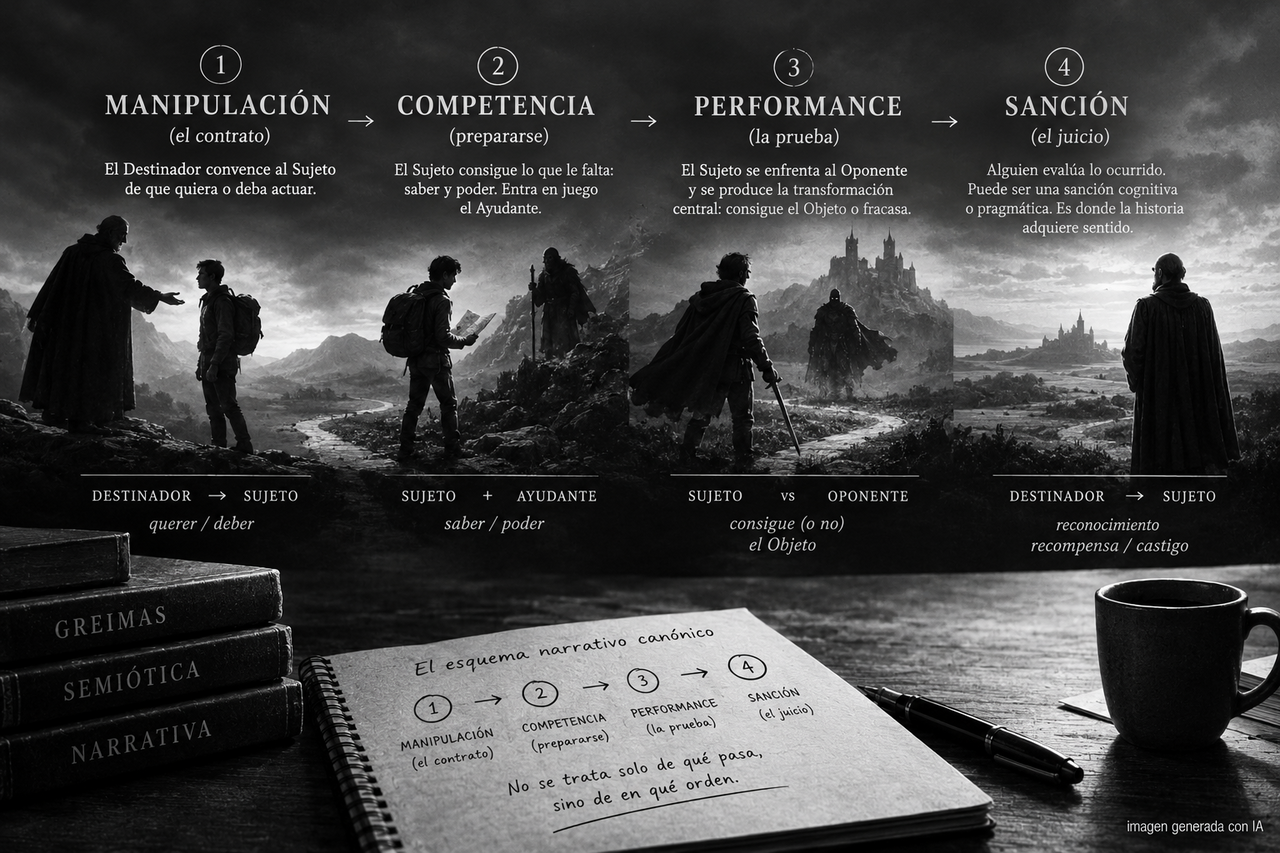 Ilustración del esquema narrativo canónico de Greimas