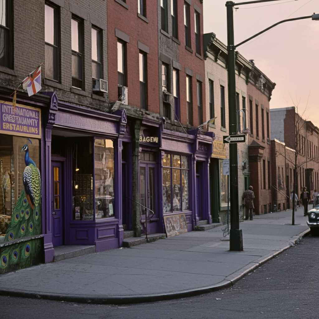 1974 shot from the artistic neighborhood known as the Purple Zone, within the fictitious US Midwestern city of Progress, in an image generated by AI. 1974 shot from the artistic neighborhood known as the Purple Zone, within the fictitious US Midwestern city of Progress, in an image generated by AI.